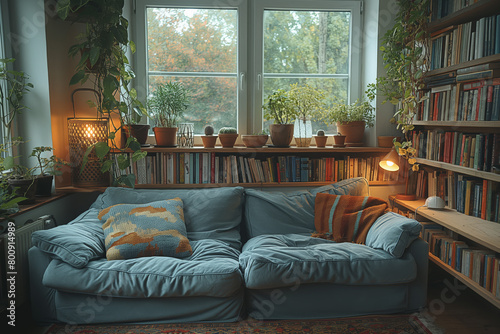 Cozy home interior with plants and bookshelves in autumn