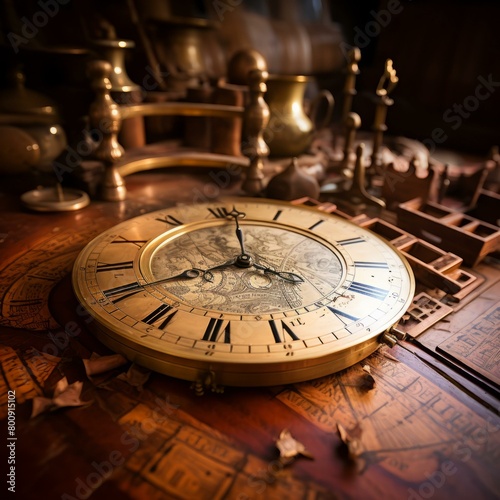 An illustration of a vintage clock sitting on a wooden table