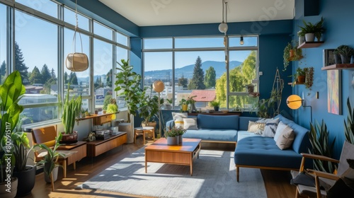 Blue walls living room interior design with large windows