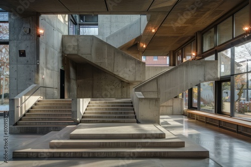 Brutalism architecture concrete staircase with large windows