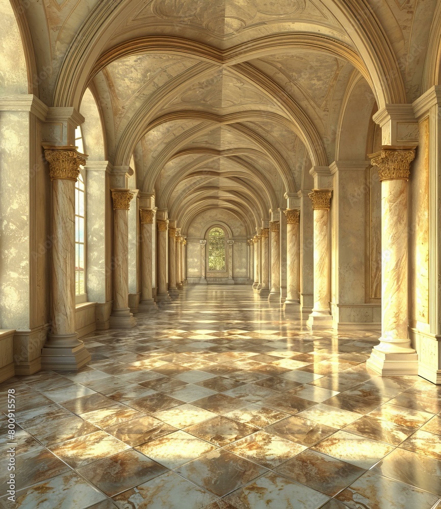 A long hallway with marble columns and a checkered floor