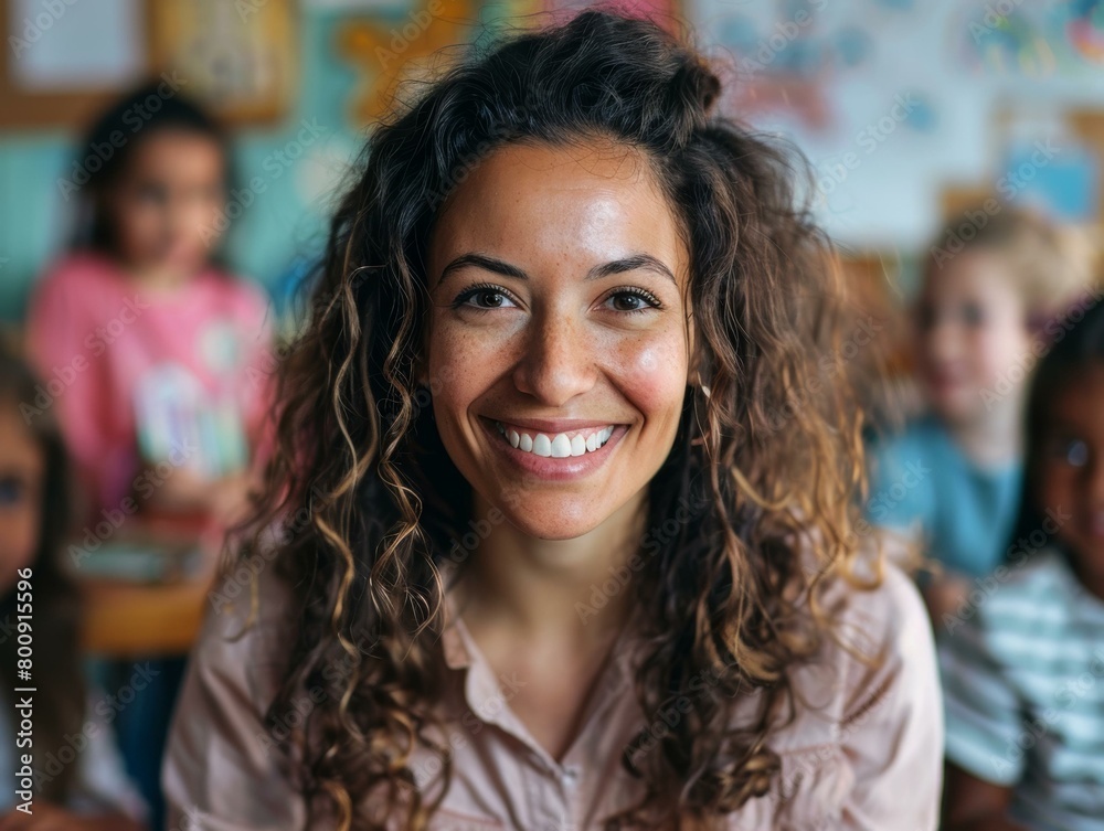 Portrait of a smiling teacher in a classroom with children in the background Portrait of a smiling teacher in a classroom with children in the background