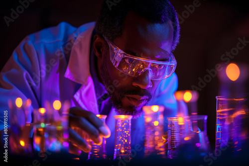 Focused scientist working with colorful solutions in a lab