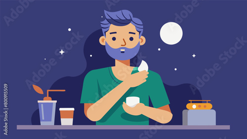 With the last step in his skincare routine a man gently massages a night cream into his skin allowing it to work its magic while he sleeps and wakes.