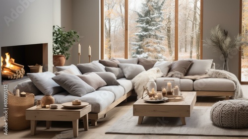 A cozy living room with a fireplace, large windows, and a comfortable sofa