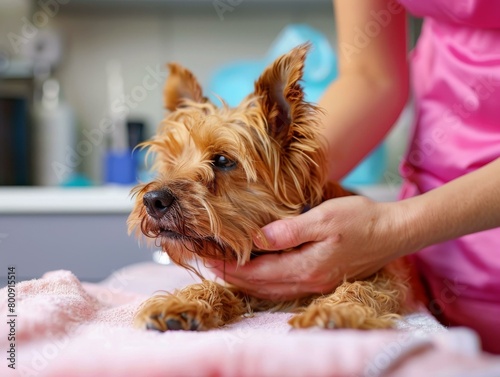 Yorkshire Terrier being groomed by a professional groomer