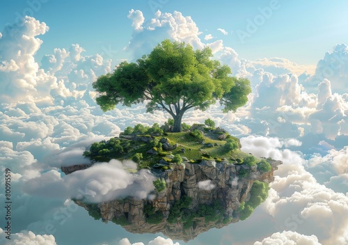 Green Tree on Floating Island in Surreal Cloudy Sky photo