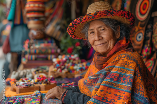 Elderly woman selling colorful traditional crafts at market