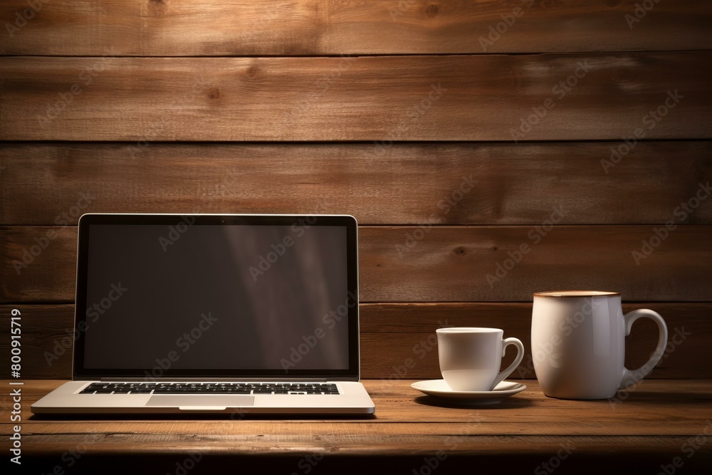 Laptop and coffee cup on wooden table Laptop and coffee cup on wooden table
