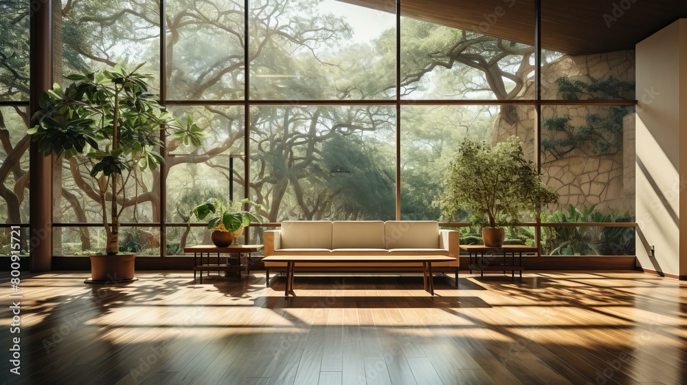A modern living room with a large glass window looking out onto a forest