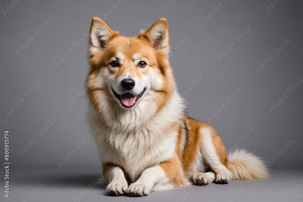sit Icelandic Sheepdog dog with open mouth looking at camera, copy space. Studio shot. sit Icelandic Sheepdog dog with open mouth looking at camera, copy space. Studio shot.