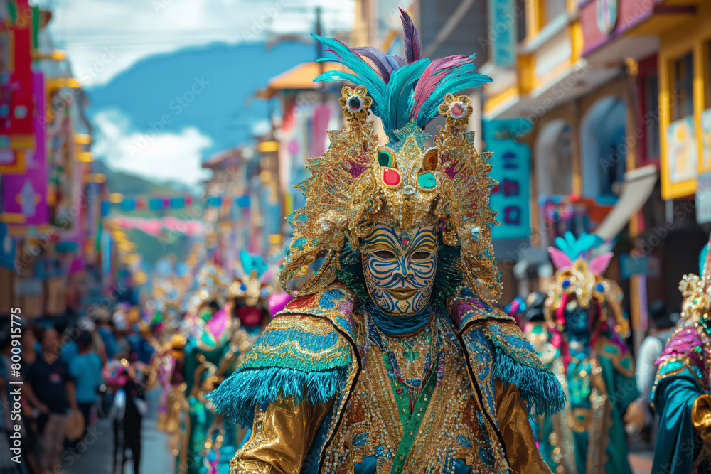 Colorful carnival costume parade on vibrant town street