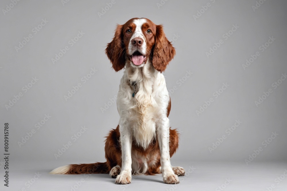 sit Irish Red and White Setter dog with open mouth looking at camera, copy space. Studio shot. sit Irish Red and White Setter dog with open mouth looking at camera, copy space. Studio shot.