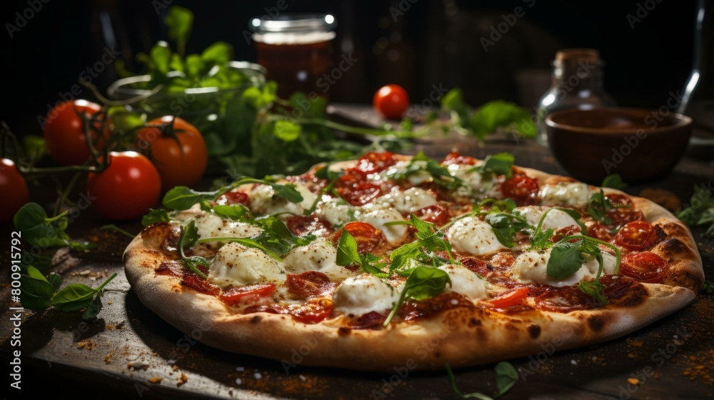 Close-up of a delicious pizza with fresh ingredients Close-up of a delicious pizza with fresh ingredients