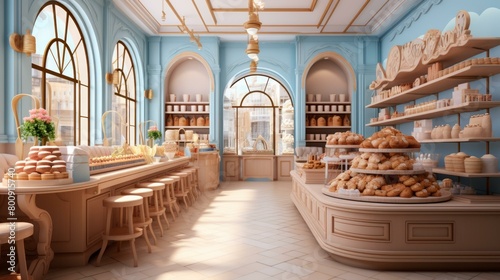 Blue and white bakery shop interior with lots of windows