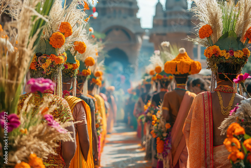 Colorful traditional festival in India with floral decorations