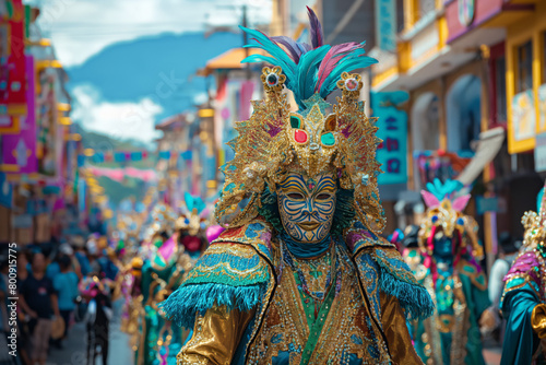 Colorful carnival costume parade on vibrant town street