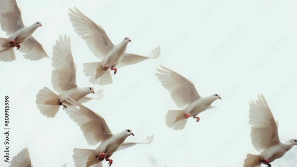 A flock of pristine white doves soars gracefully through a bright, clear sky, their wings outstretched in harmonious flight, evoking a profound sense of peace, freedom, hope and unity.
