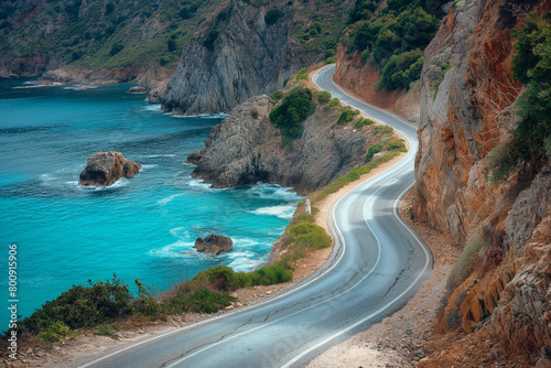 Winding coastal road by a turquoise sea with rocky cliffs