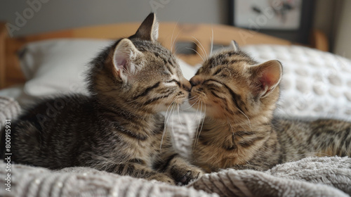 Mother Cat nurturing Kitten on bed. Kitten sniffing mother's face. Cute. Affection. Nurturing. Feline.