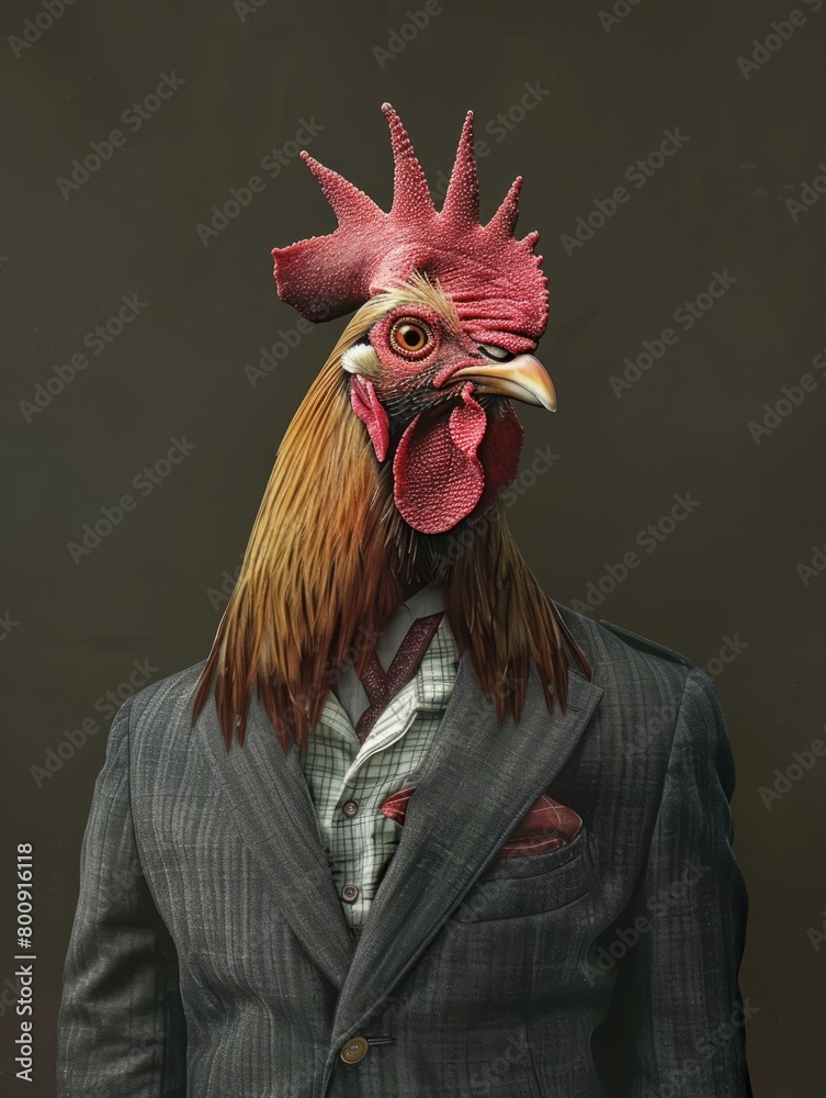 A rooster wearing a suit and tie with a serious expression on its face