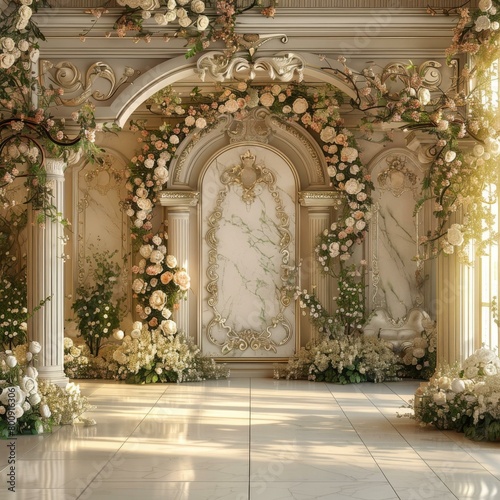 ornate wedding venue with marble columns and floral archway © Adobe Contributor