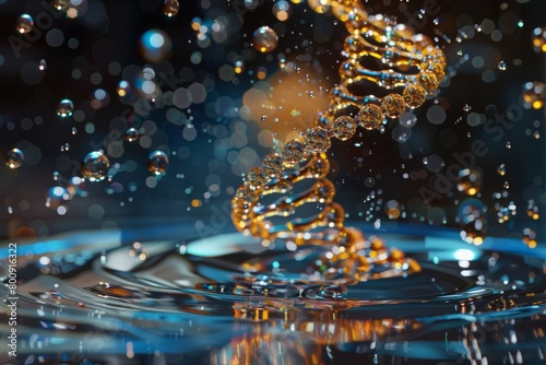 Golden DNA strand emerging from the water. © Chananporn