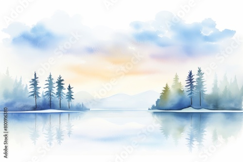 watercolor painting of a winter landscape with a lake, mountains, and trees