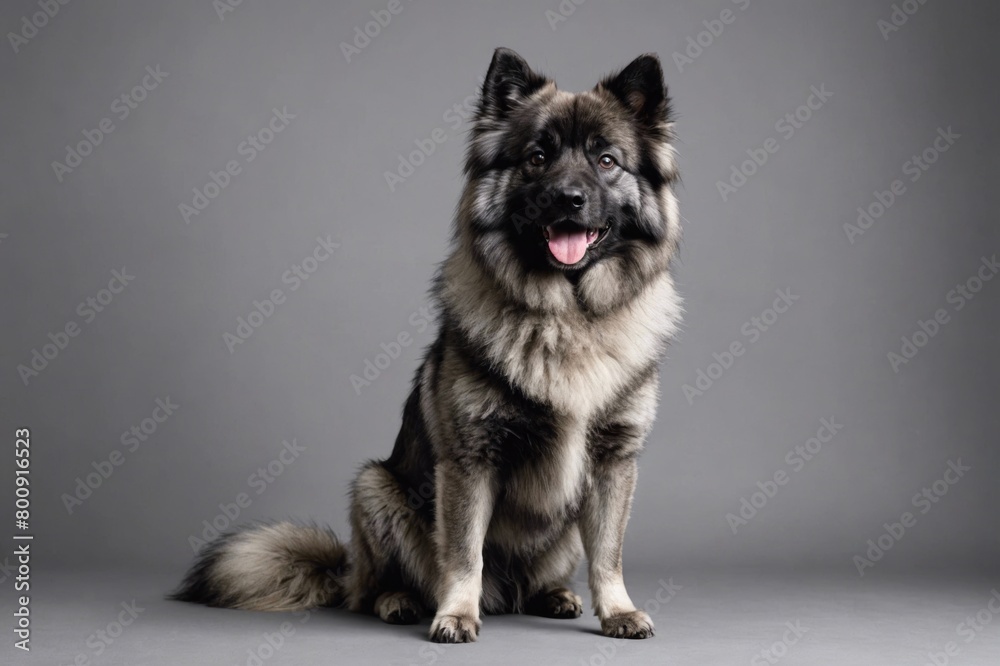 sit Keeshond dog with open mouth looking at camera, copy space. Studio shot. sit Keeshond dog with open mouth looking at camera, copy space. Studio shot.