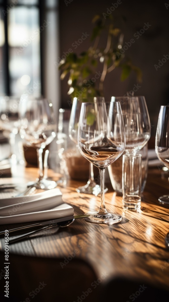 An empty restaurant with wine glasses on the table An empty restaurant with wine glasses on the table