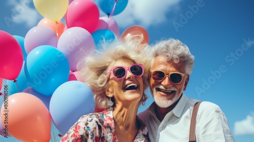 Happy elderly couple with balloons