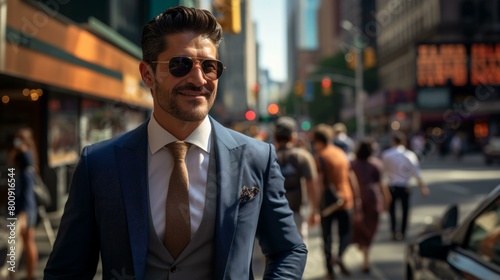 Confident businessman in suit and sunglasses walking in busy city street © Adobe Contributor