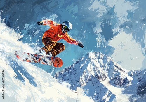 A snowboarder is jumping over a snowy mountain. photo