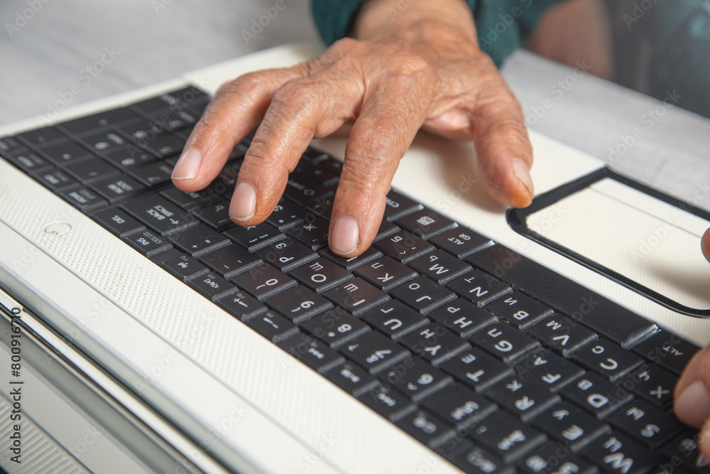 Hands of elderly woman typing in computer keyboard. Hands of elderly woman typing in computer keyboard.
