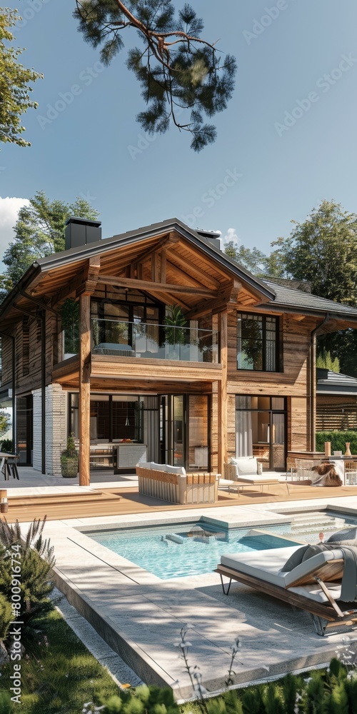 Modern wooden house with pool and terrace