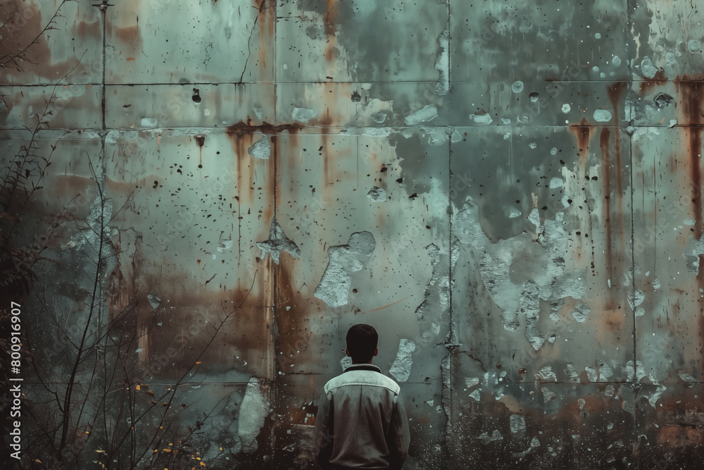 teenager seen from behind with a high concrete wall in front of him. Concept of obstacles that await him teenager seen from behind with a high concrete wall in front of him. Concept of obstacles that await him