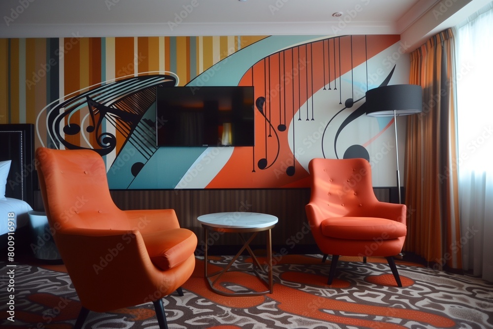 A modern luxury room with abstract patterns on the wall, where the patterns suggest the rhythm of music, with notes and melodies painted in a way that is both visual and auditory. A modern luxury room with abstract patterns on the wall, where the patterns suggest the rhythm of music, with notes and melodies painted in a way that is both visual and auditory.