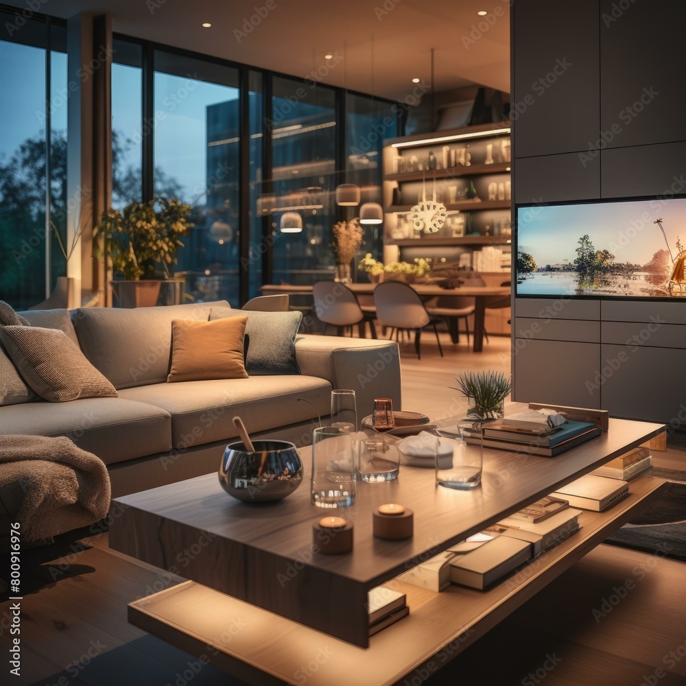 Modern living room interior design with large windows and open floor ...