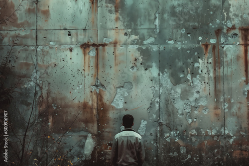 teenager seen from behind with a high concrete wall in front of him. Concept of obstacles that await him