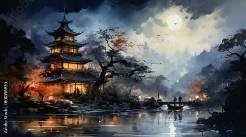 A Traditional Chinese House near a River with a Full Moon and Birds Flying Overhead