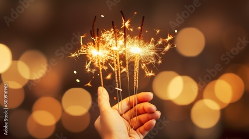 Hand holding a bunch of lit sparklers against a blurry background of bokeh lights