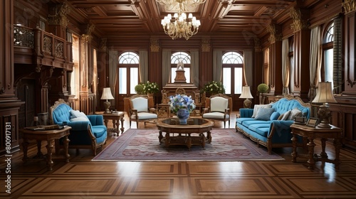 Blue and brown living room with hardwood floors and oriental rugs