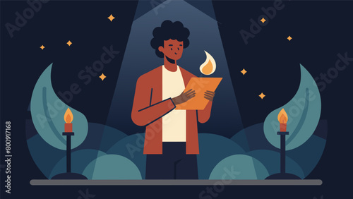 With a candle in hand a spoken word artist sets the stage aglow with a heartfelt poem recognizing the sacrifices and triumphs of the Black community. Vector illustration