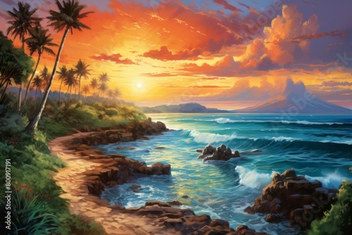 Beach Sunset Scenery With Coconut Trees And Mountains