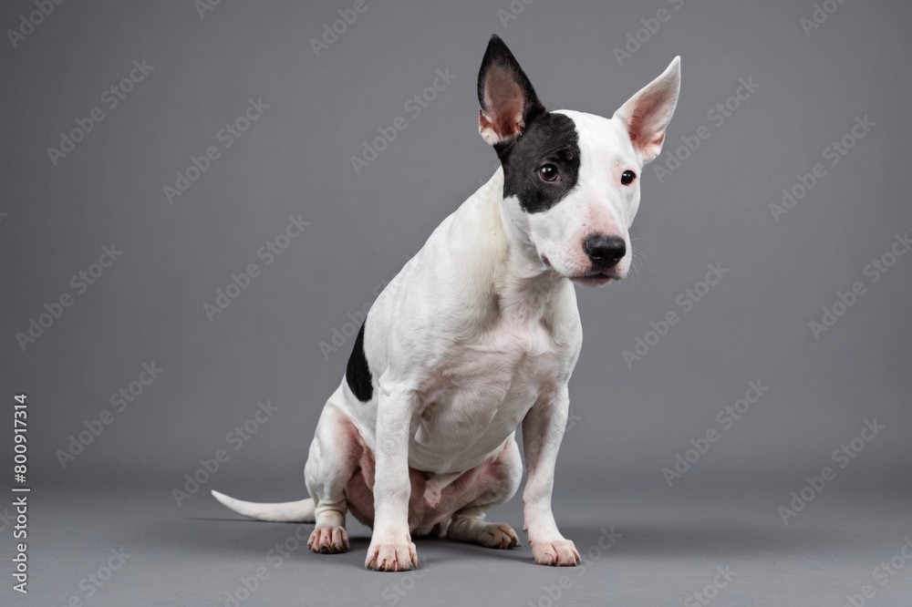 sit Miniature Bull Terrier dog looking at camera, copy space. Studio shot.