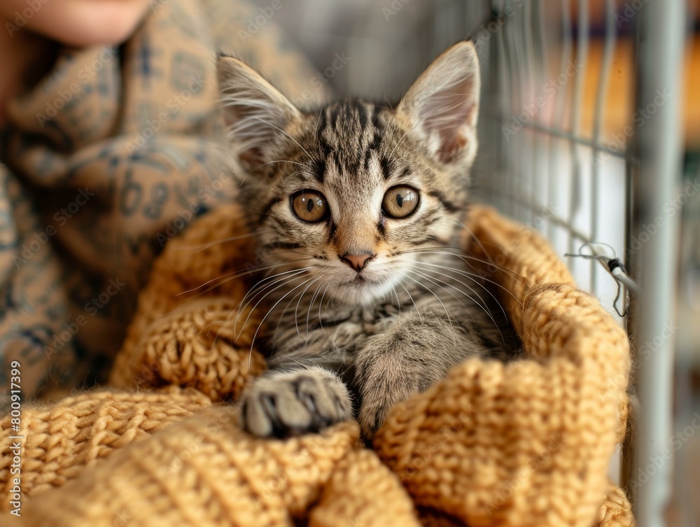 Little tabby kitten wrapped in a yellow blanket