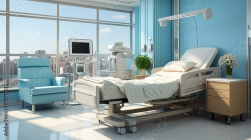 Patient room interior with furniture and medical equipment