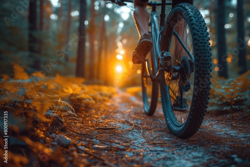 A mountain biker rides through a forest at sunset. © Atchariya63