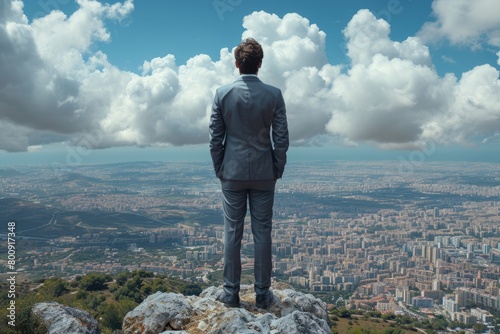 A man in a suit standing on a mountaintop overlooking a city.