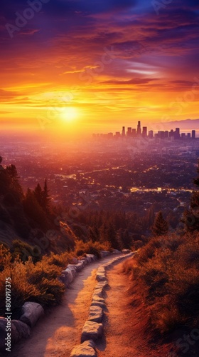 The setting sun casts a golden glow over the city of Los Angeles